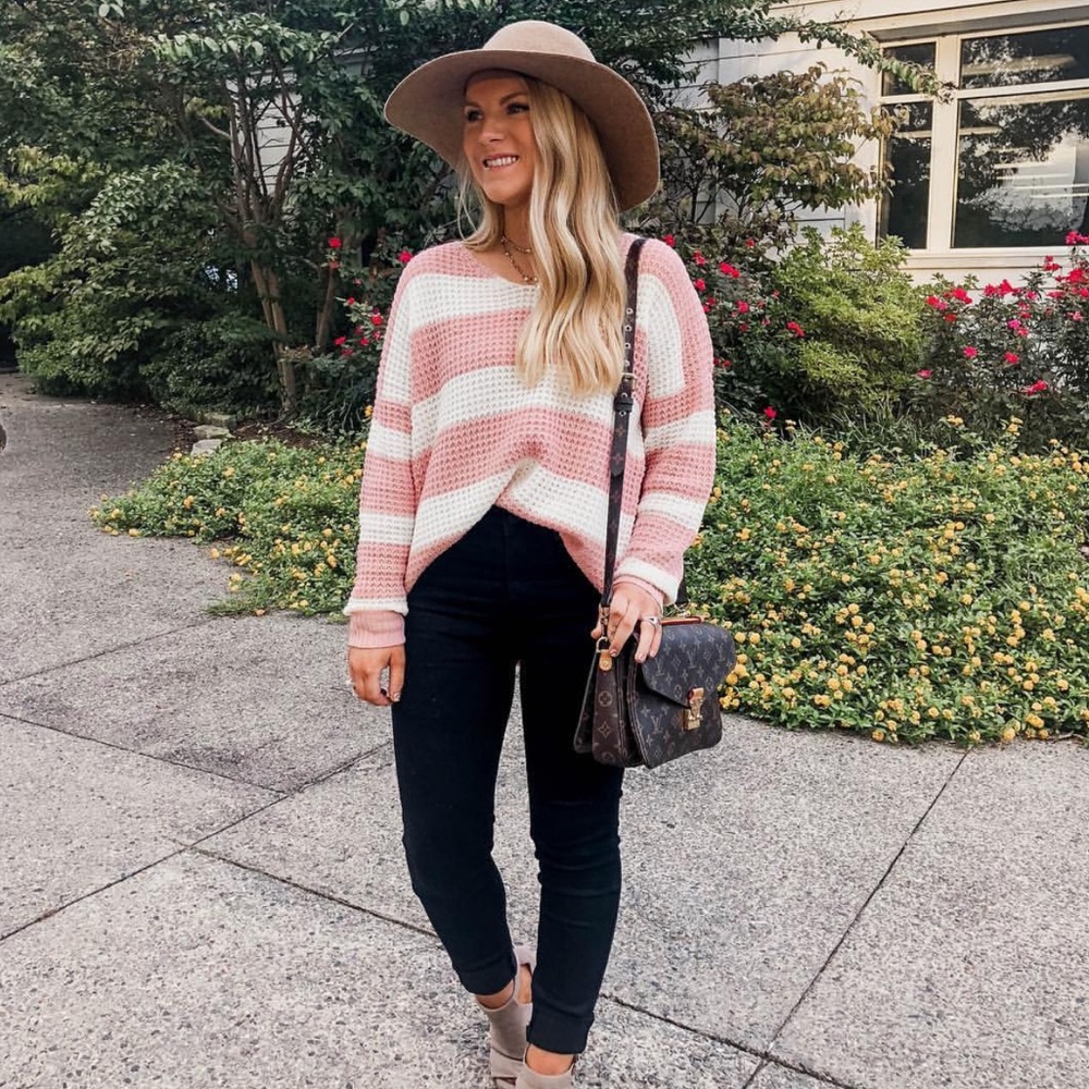 Pink and white stripe waffle knit sweater